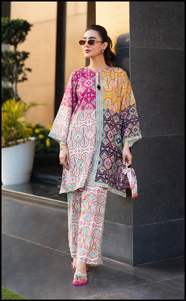co-ord set in a striking patchwork of fuchsia