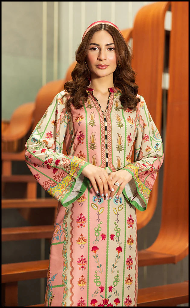 Flowy straight shirt in blush pink, featuring Kashmiri and paisley-inspired prints in mint