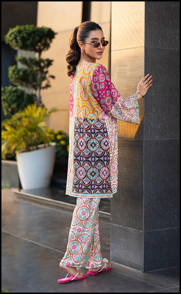 co-ord set in a striking patchwork of fuchsia