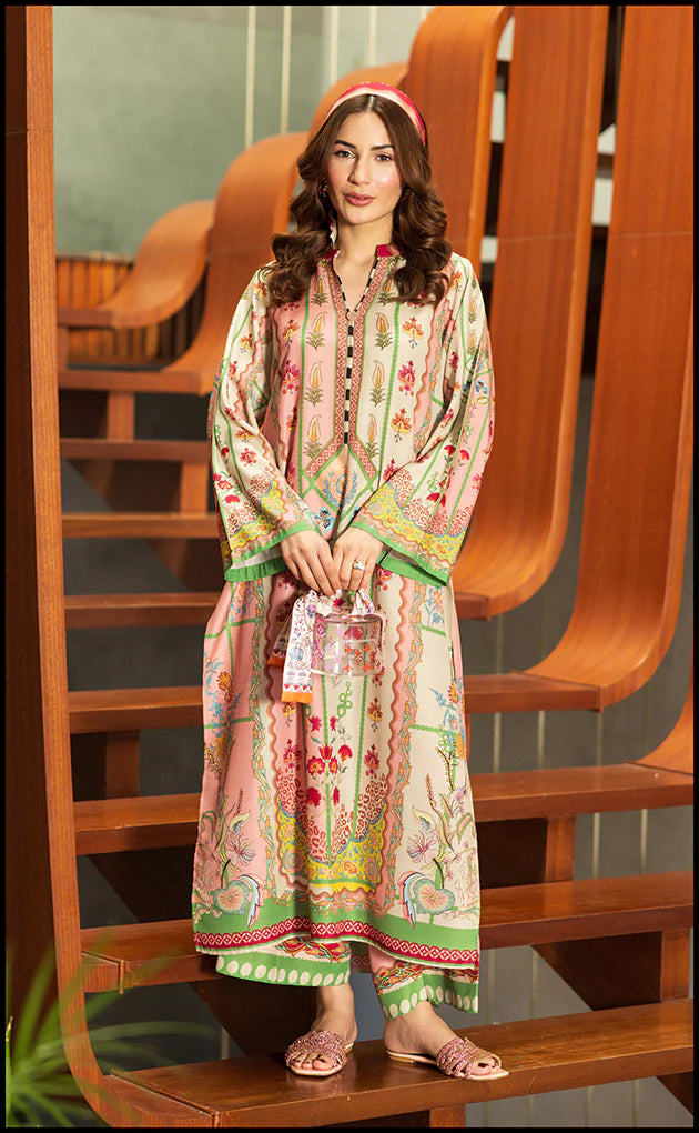 Flowy straight shirt in blush pink, featuring Kashmiri and paisley-inspired prints in mint