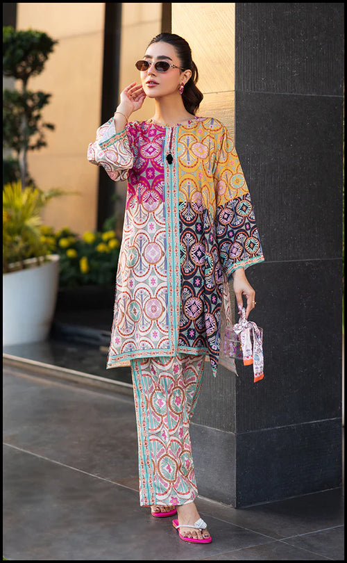 co-ord set in a striking patchwork of fuchsia