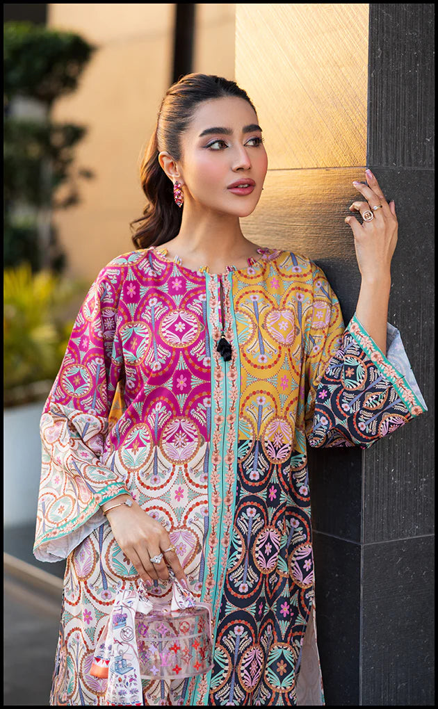 co-ord set in a striking patchwork of fuchsia